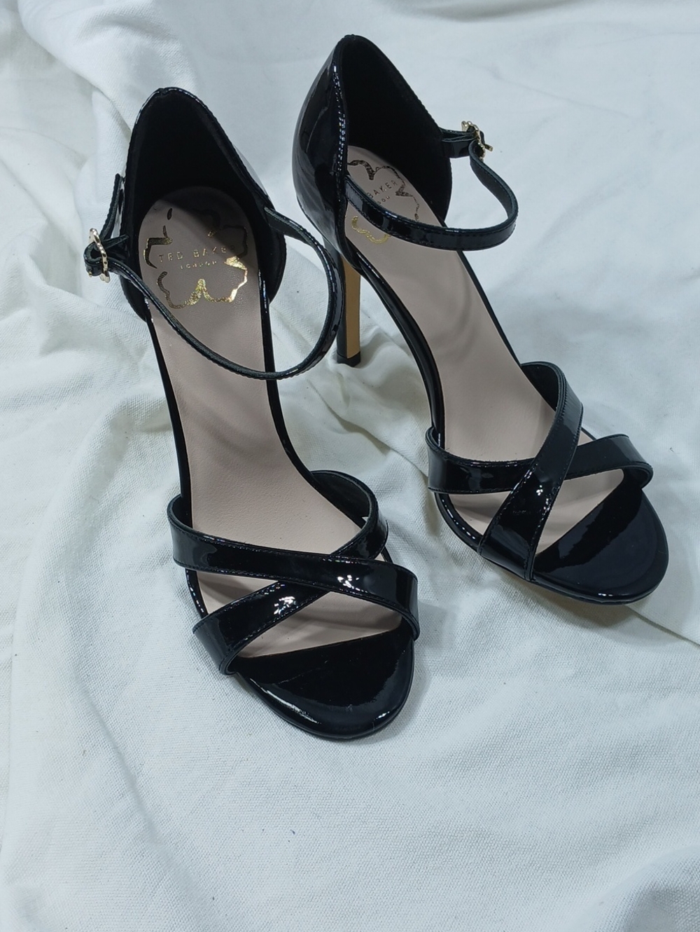 Ted Baker womens Black Patent Strappy High Heel Sandals with Ankle Buckle